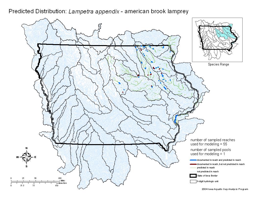 Iowa water body distribution image of American Brook Lamprey