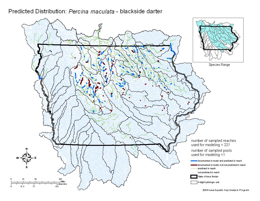 Iowa water body distribution image of Blackside Darter