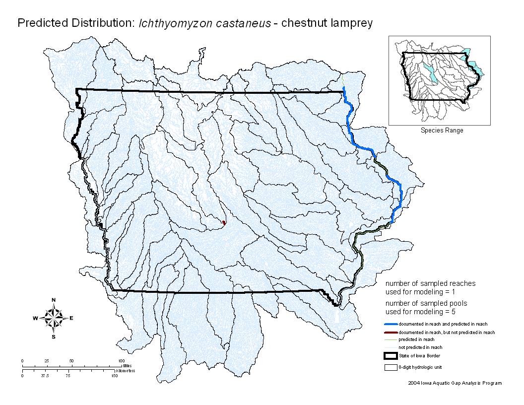 Iowa water body distribution image of Chestnut Lamprey