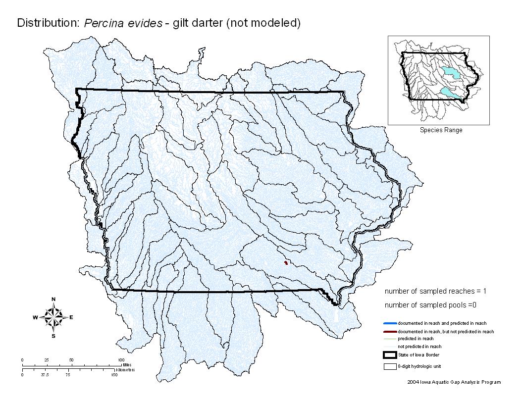 Iowa water body distribution image of Gilt Darter