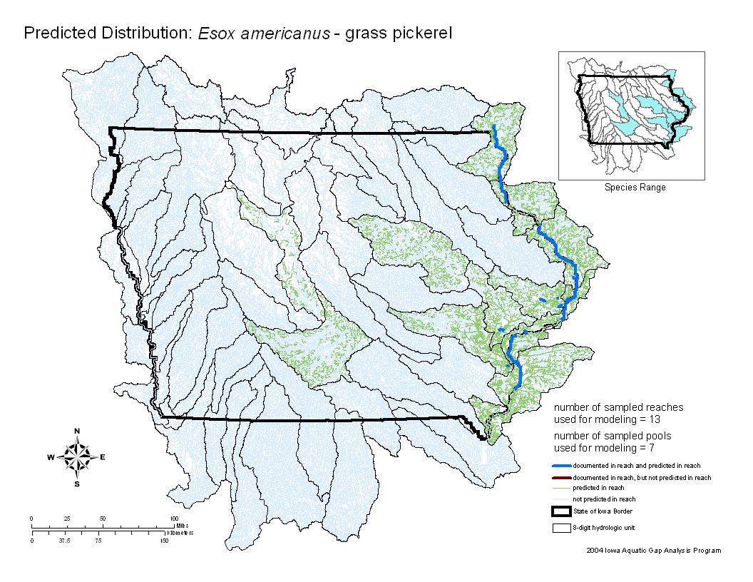 Iowa water body distribution image of Grass Pickerel