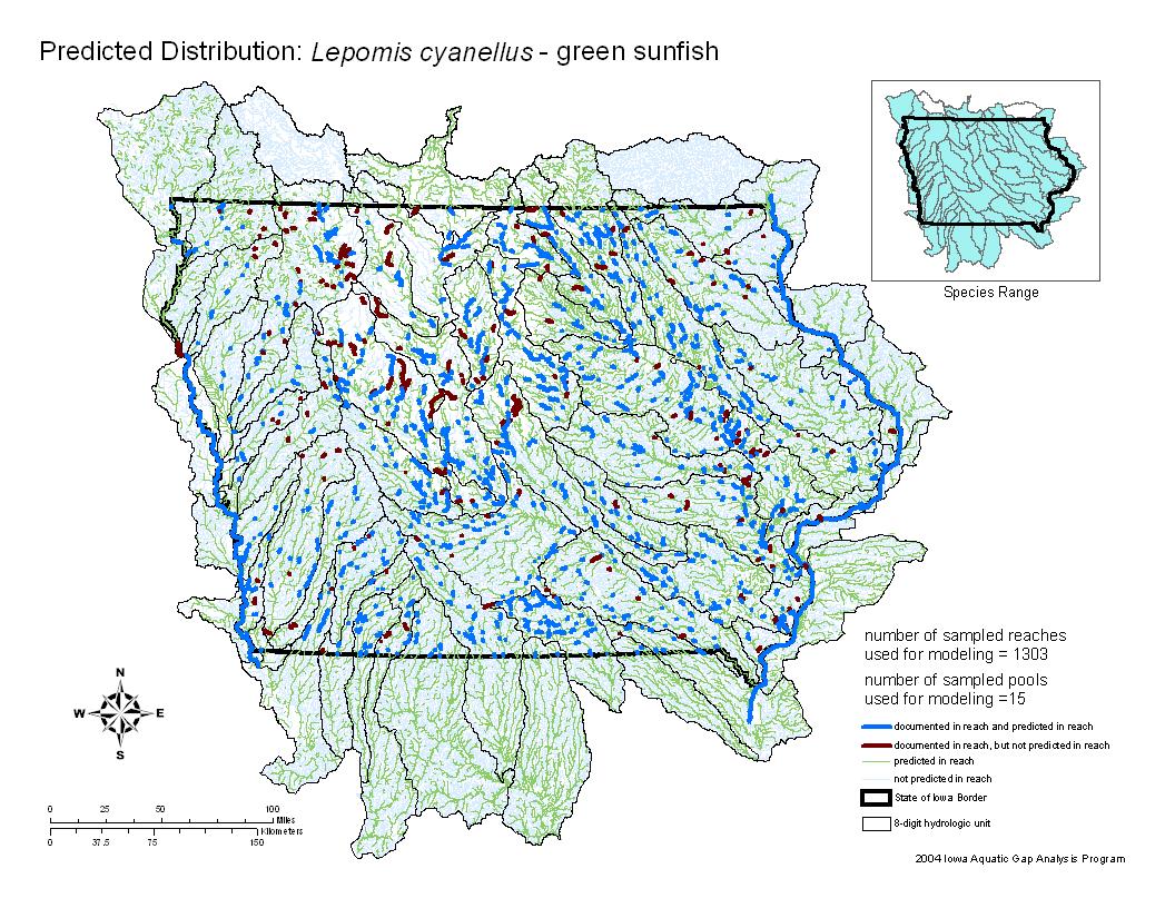 Iowa water body distribution image of Green Sunfish