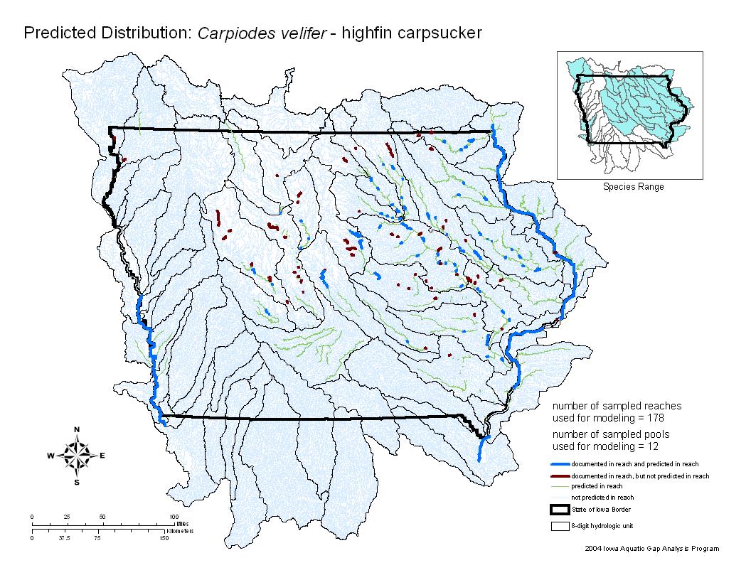 Iowa water body distribution image of Highfin carpsucker