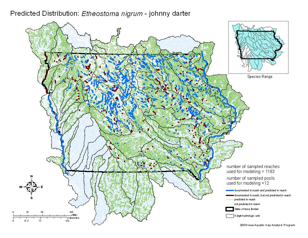 Iowa water body distribution image of Johnny darter