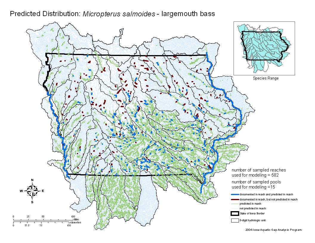 Iowa water body distribution image of Largemouth Bass