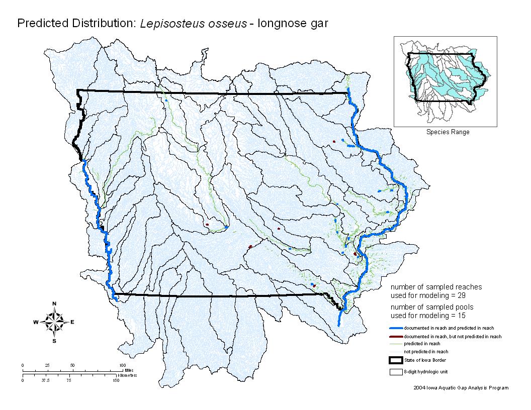 Iowa water body distribution image of Longnose Gar