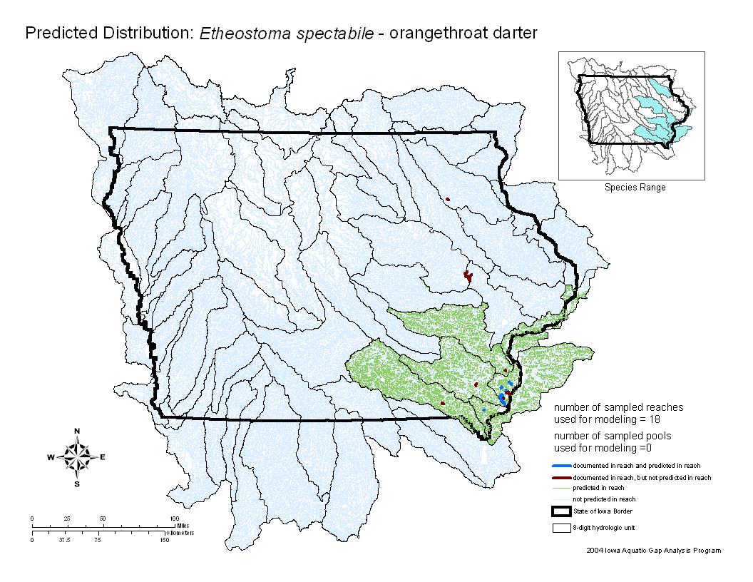 Iowa water body distribution image of Orangethroat darter