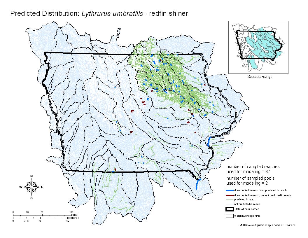 Iowa water body distribution image of Redfin shiner