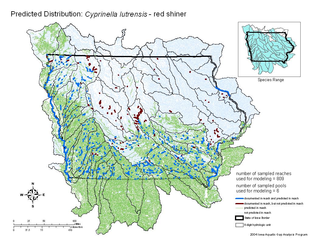 Iowa water body distribution image of Red shiner