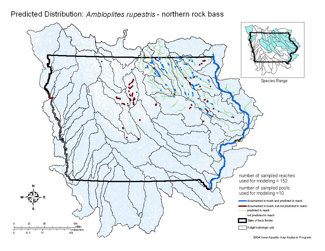 Iowa water body distribution image of Rock Bass