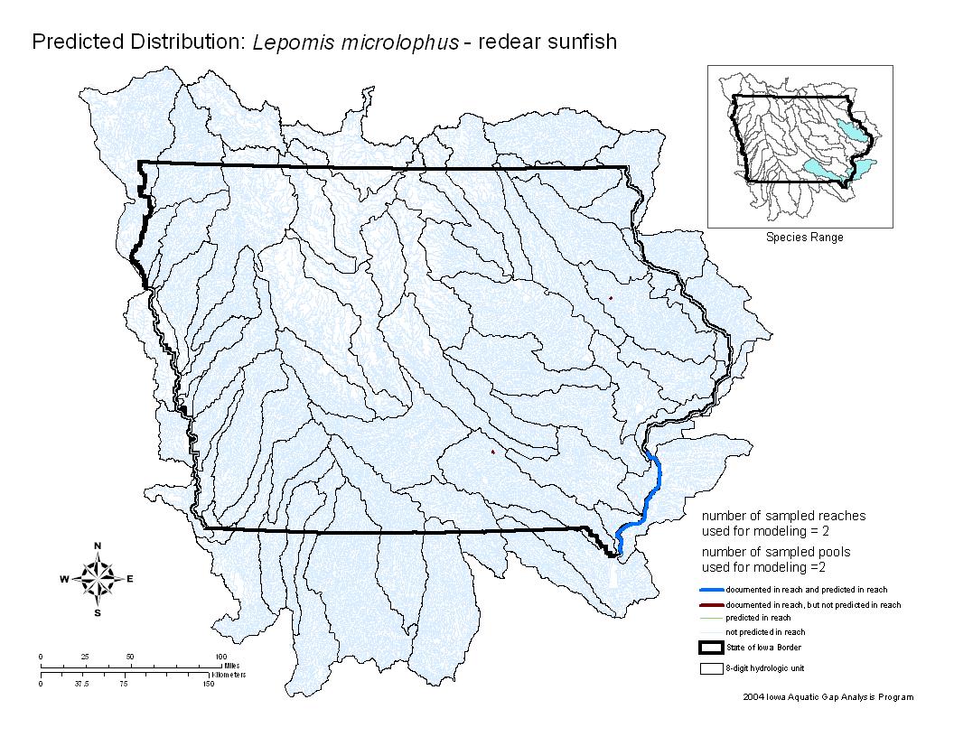 Iowa water body distribution image of Redear Sunfish