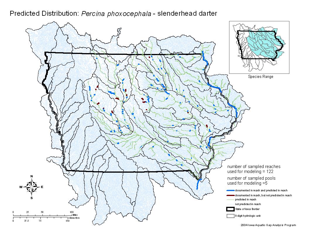 Iowa water body distribution image of Slenderhead darter