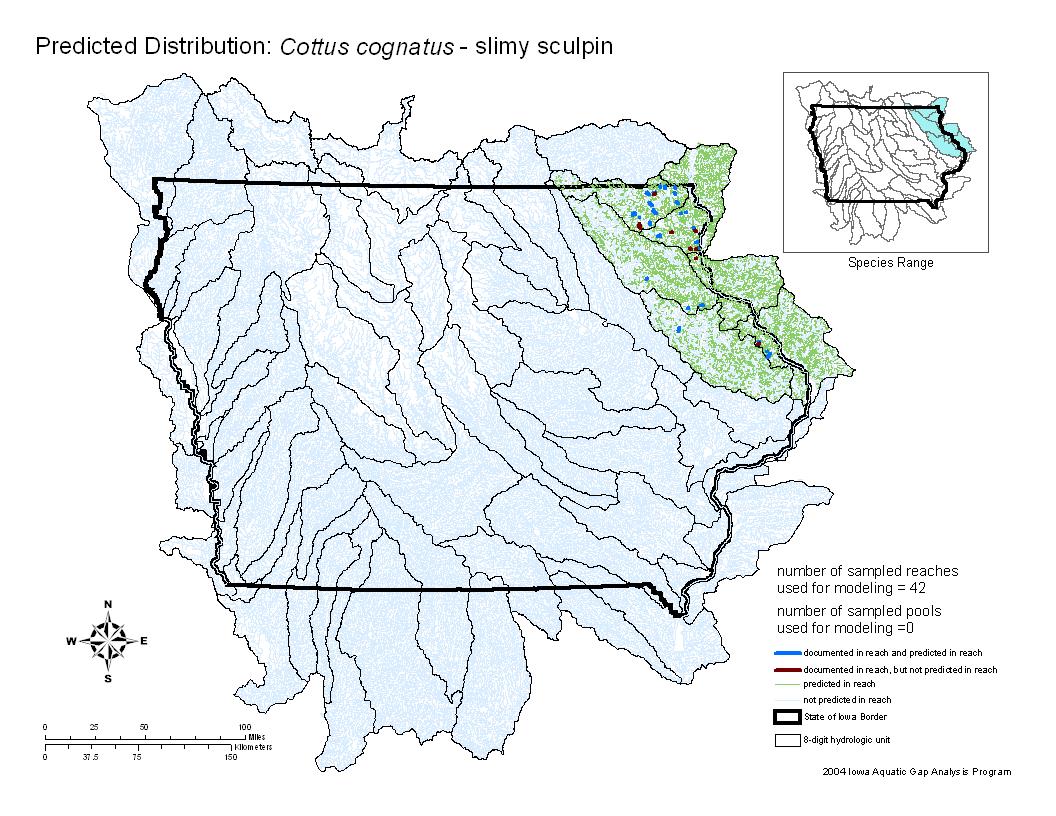 Iowa water body distribution image of Slimy Sculpin